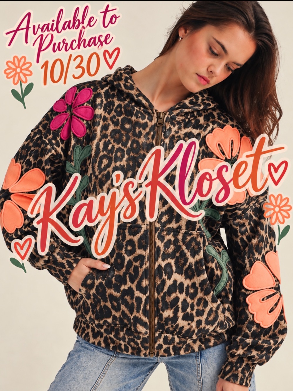 BF93–(ETA 10/30) 🤎🖤🧡🩷Leopard Print Bomber Jacket with Floral Appliqués